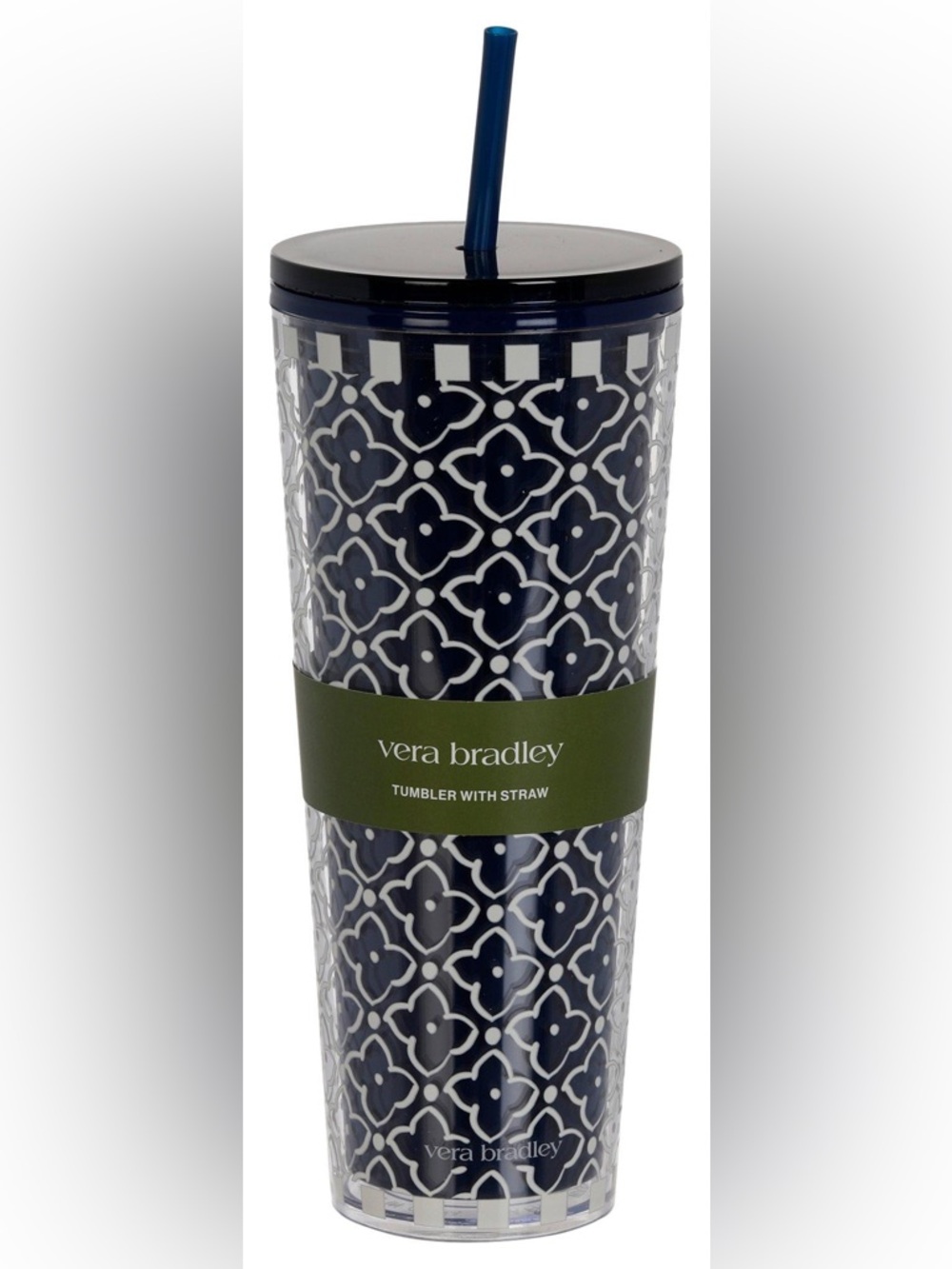 Vera Bradley Navy and White Patterned Tumbler with Straw